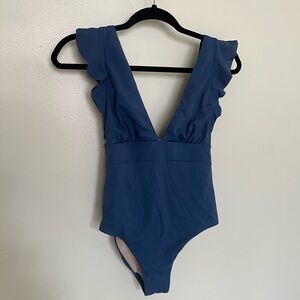 Chelsea28 Blue Ruffled One-Piece Swimsuit V-neck V-back